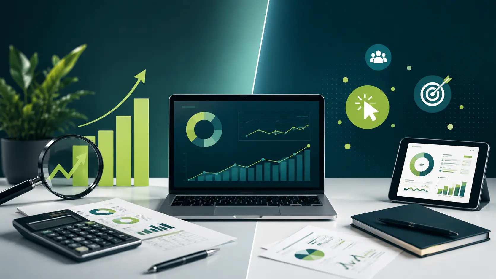 SEO vs Google Ads for accountants illustrated through organic search growth, paid advertising targeting and financial performance analytics